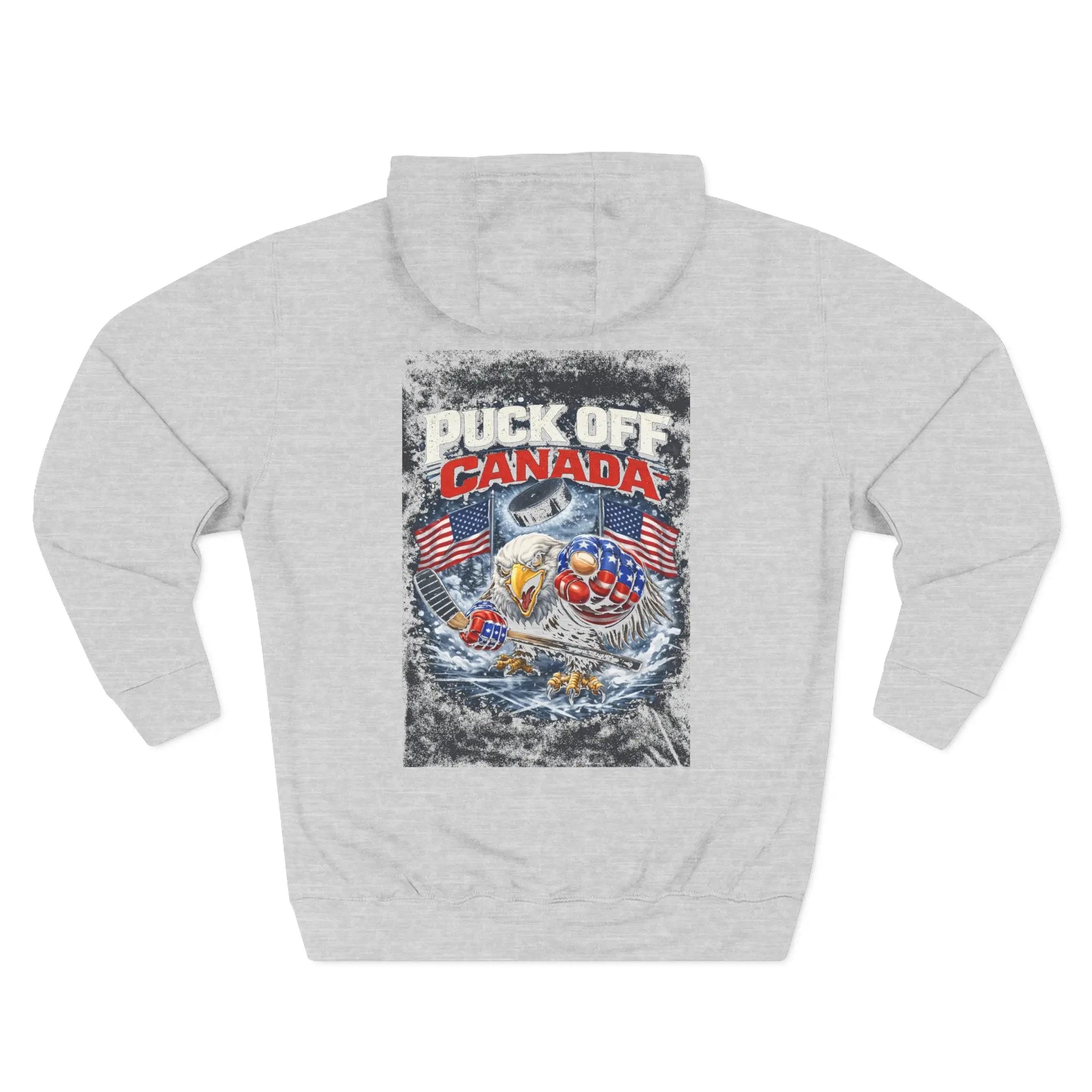 Patriotic 'Puck Off Canada' Fleece Hoodie — USA Flag Graphic Pullover Printify