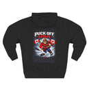 Patriotic 'Puck Off USA' Fleece Hoodie — Canada Flag Graphic Pullover Printify