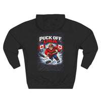 Patriotic 'Puck Off USA' Fleece Hoodie — Canada Flag Graphic Pullover Printify