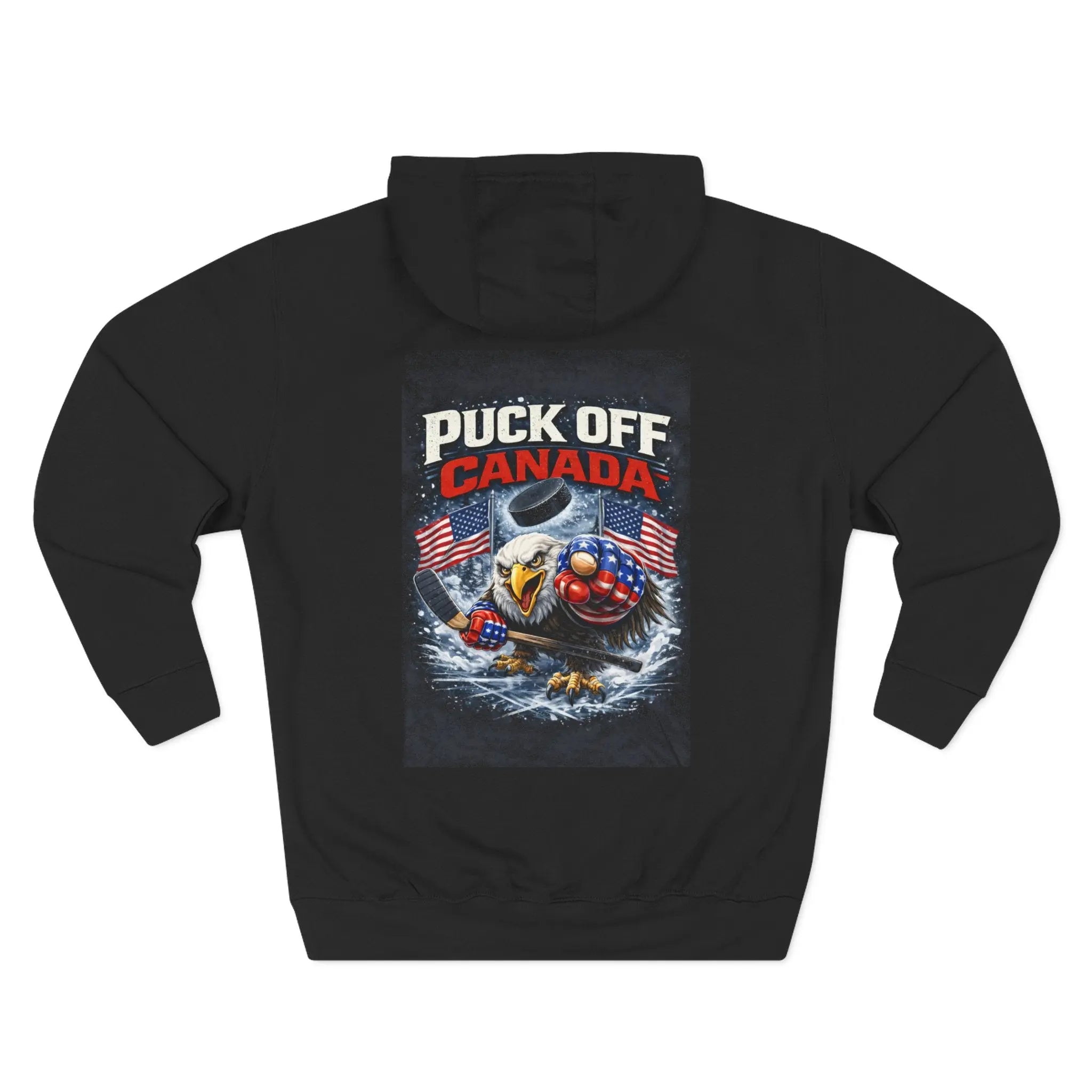 Patriotic 'Puck Off Canada' Fleece Hoodie — USA Flag Graphic Pullover Printify