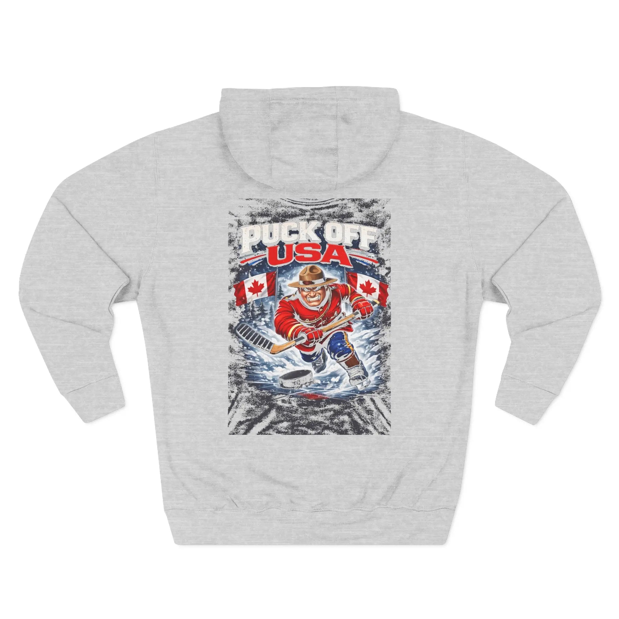 Patriotic 'Puck Off USA' Fleece Hoodie — Canada Flag Graphic Pullover Printify
